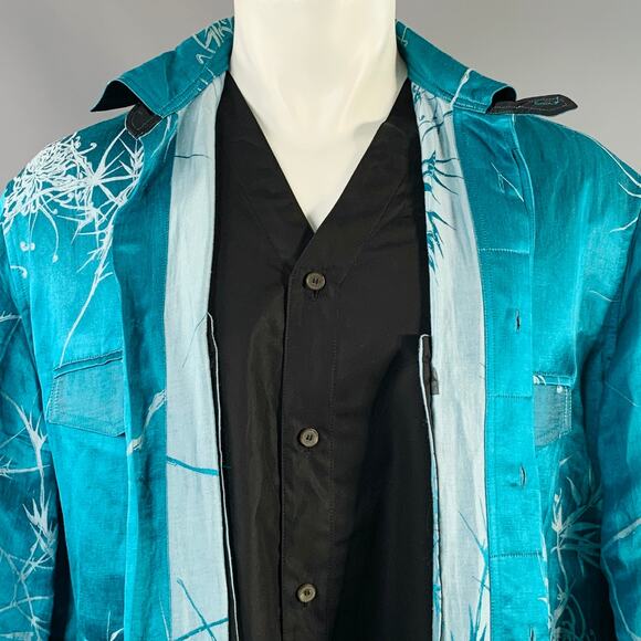 HAIDER ACKERMANN Size M Teal White Jacquard Linen Silk Layered Long Sleeve Shirt - Picture 3 of 10